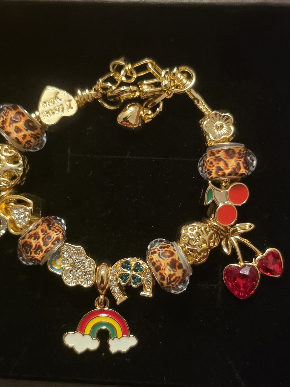 Gold Charm Bracelet with Leopard Beads, Rainbow & Cherry Charms